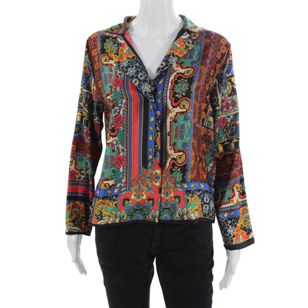 Muze Womens Black Silkblend Collared Floral Long Sleeve Button Up Blouse Size S